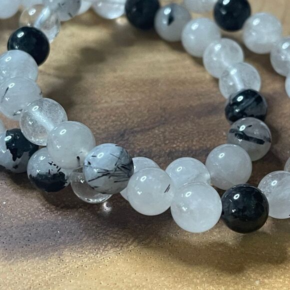 Rutilated quartz rutile tourmaline beaded bead stretch bracelet 8mm NEW handmade - Picture 1 of 8